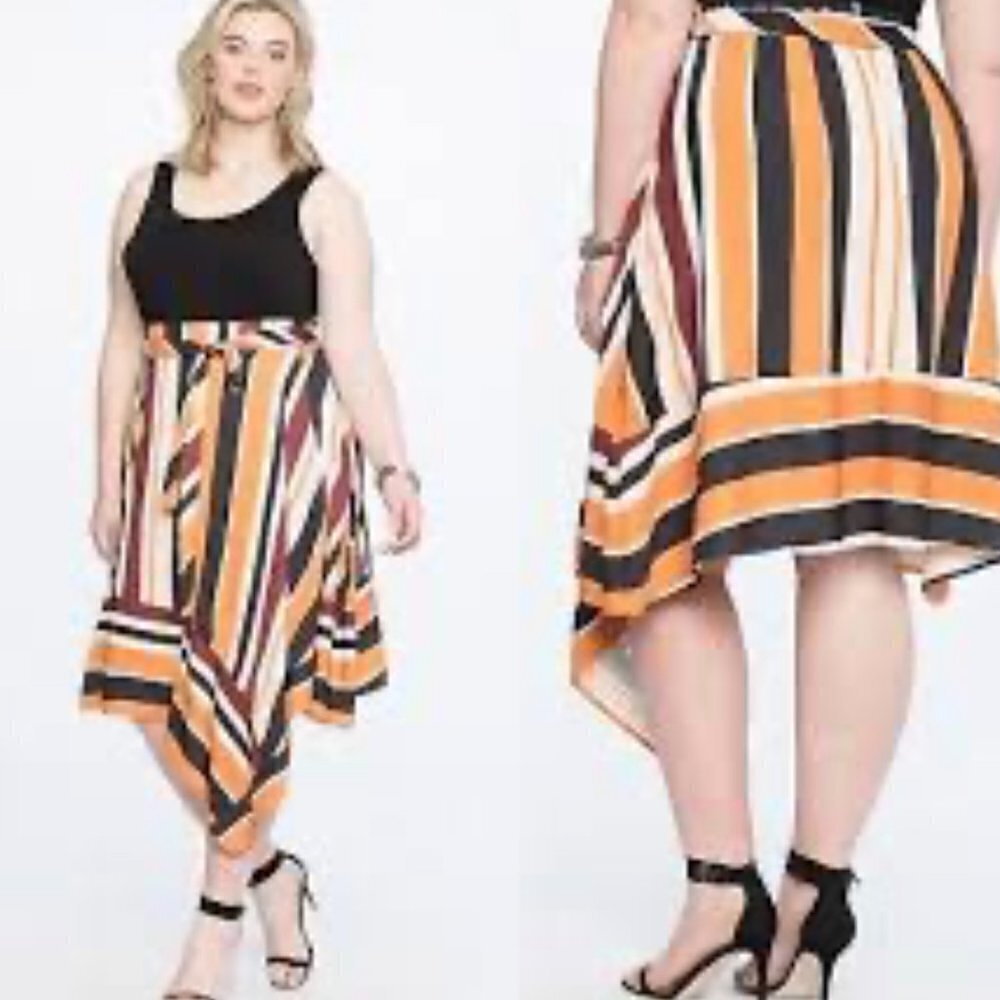 Eloquii Mixed Stripes Asymmetrical Knee Length Skirt Elastic Waistband Size 20